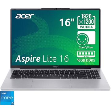 Acer Laptop Acer Aspire Lite 16, Procesor Intel® Core™ i5-1334U, Display 16'' WUXGA (1920x1200), IPS, Memorie RAM 16GB DDR5, Capacitate 512GB SSD, Placa video integrata Intel® Iris® Xe Graphics, No OS, Pure Silver