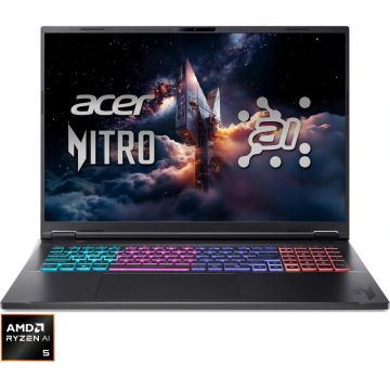 Acer Laptop Acer Nitro 18 AI AN18-61-R565, Procesor  AMD Ryzen™ AI 5 340, Display 18 WUXGA (1920x1200), IPS, 165Hz, Memorie RAM 16GB DDR5, Capacitate 1TB SSD, Placa video dedicata NVIDIA® GeForce RTX™ 5050 8GB GDDR7, No OS, Obsidian Black