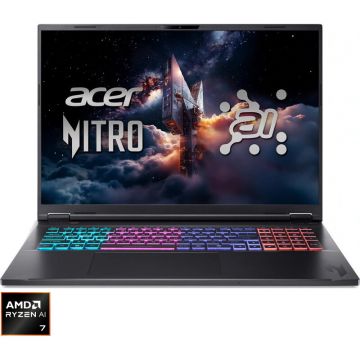 Acer Laptop Gaming Acer Nitro 18 AI AN18-61-R50K, Procesor AMD Ryzen™AI 7 350, Display 18 WUXGA (1920x1200), IPS, 165Hz, Memorie RAM 16GB DDR5, Capacitate 512GB SSD, Placa video dedicata NVIDIA® GeForce RTX™ 5050 8GB GDDR7, No OS, Obsidian Black