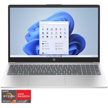 HP Laptop HP 15-fc0001nq, Procesor AMD Ryzen™ 7 7730U, Display 15.6 Full HD (1920 x 1080), Memorie RAM 8GB DDR4, Capacitate 512GB SSD, Placa video integrata AMD Radeon™ Graphics, Windows 11 Home, Natural Silver