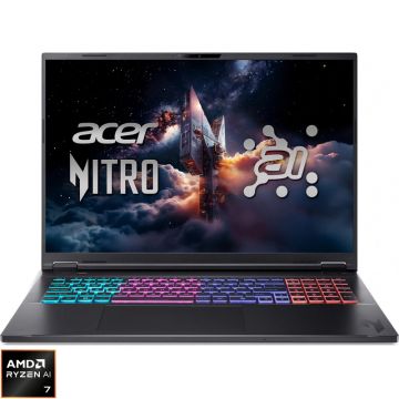 Laptop Acer Gaming 18'' Nitro 18 AI AN18-61, WQXGA IPS 165, Procesor AMD Ryzen™ Al 7 350 (16M Cache, up to 5.0 GHz), 32GB DDR5, 1TB + 1TB SSD, GeForce RTX 5070 8GB, No OS, Obsidian Black Laptop Acer Gaming 18'' Nitro 18 AI AN18-61, WQXGA IPS 165, Procesor AMD Ryzen™ Al 7 350 (16M Cache, up to 5.0 GHz), 32GB DDR5, 1TB + 1TB SSD, GeForce RTX 5070 8GB, No OS, Obsidian Black