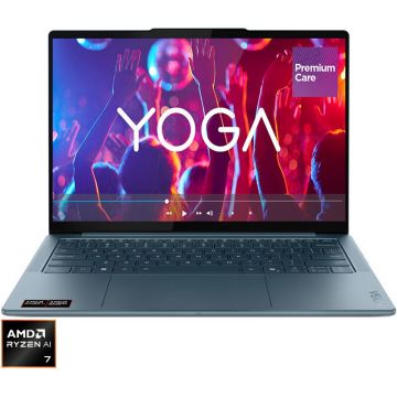 Lenovo Laptop Lenovo Yoga Slim 7 14AKP10 cu procesor AMD Ryzen™ AI 7 350 pana la 5.0GHz, 14 WUXGA, OLED, 16GB LPDDR5x RAM, 1TB SSD, AMD Radeon™ 860M Graphics, No OS, Tidal Teal