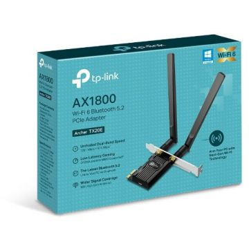 Adaptor Wireless Archer TX20E Wi-Fi 6 AX1800 si Bluetooth 5.2 2.4GHz/5GHz Port PCI-E 1800Mbps 2 Antene Externe Negru
