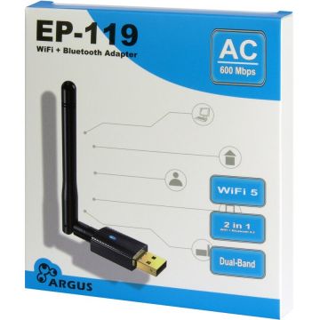 Adaptor Wireless Argus EP-119 WiFi 5 si Bluetooth 4.2 Interfata USB Negru