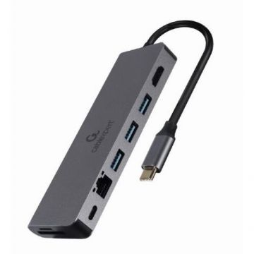 Docking Station Universal 5-in-1 Conectare PC USB Type C 1xUSB-C  3xUSB-A 3.1 1xHDMI PD 100W Audio Argintiu
