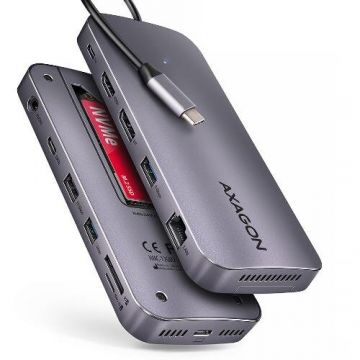 Hub HMC-12GM2 USB-C 3.2 Gen 2 3xUSB-A M.2 SATA/NVMe HDMI DisplayPort RJ-45 SD/mSD Audio PD 100W Argintiu