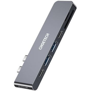 Hub Multifunctional HUB-M14 pentru Macbook Pro 2x USB-C la 1x HDMI/ 1x Thunderbolt 3/ 2x USB 3.0/ 1x USB Type-C Micro SD/SD Card Reader Argintiu
