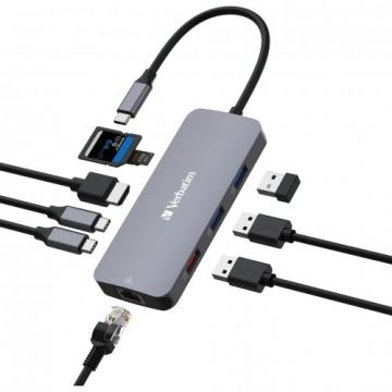 Hub Multiport USB-C 9 Porturi HDMI RJ45 2xUSB-C 3xUSB-A 3.2 Gen1&2 SD microSD Gri