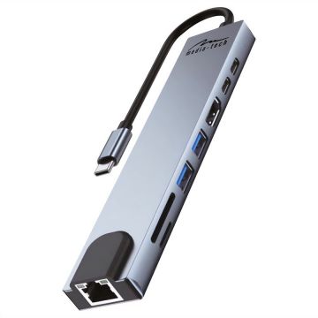 Hub USB 3.5mm HDMI RJ-45 USB 3.2 Gen 1 (3.1 Gen 1) Type-A USB 3.2 Gen 1 (3.1 Gen 1) Type-C VGA 4K  100W  Argintiu