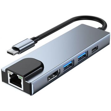 Tech-Protect 5-in-1 V3, 2x USB 3.0, 1x USB-C, 1x HDMI, 1x LAN, grey