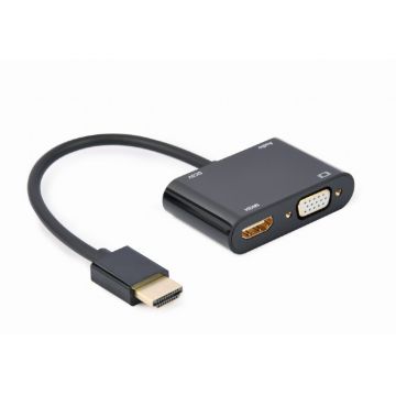 Adaptor Gembird 1x HDMI Male - 1x HDMI Female + 1x VGA Female, Negru