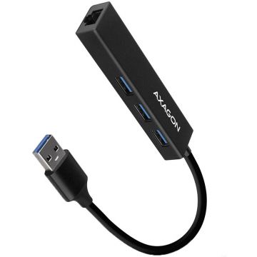 AXAGON Hub USB AXAGON HMA-GL3A, 3.2 Gen 1 cu 3 porturi USB-A si placa retea Gigabit, cablu 20 cm, Negru