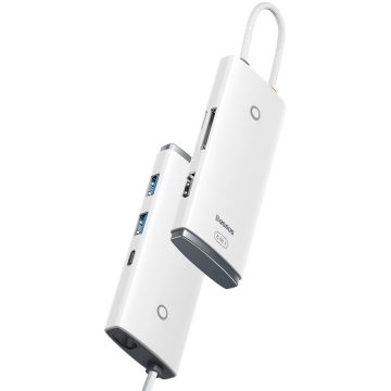 BASEUS Hub USB Type-C Baseus Lite, USB 3.0 x 2 - USB Type C x 1 - HDMI x 1 (4K/30Hz)- SD - microSD, Alb WKQX050102