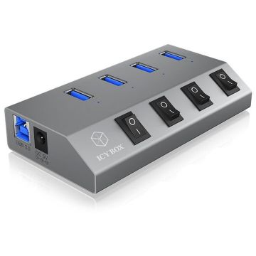 ICYBOX Hub USB Icy Box, 4 porturi, USB 3.0, Butoane ON/OFF, Gri