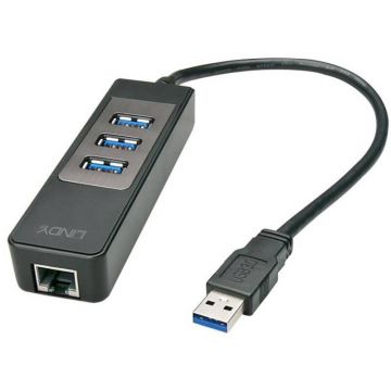 Lindy Hub USB LINDY 3 porturi, USB 3.0 + Gigabit Ethernet, Negru