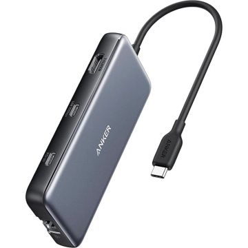 Anker Docking Station Anker 555 8-in-1, porturi: 2 x USB-C, 2 x USB-A, HDMI 4K @60Hz, 1 x RJ-45 10 Gbps, PD 85W, conectare prin USB-C, Gri
