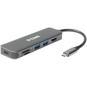 D-Link HUB extern D-LINK DUB-2327, Porturi 2x USB 3.0 SuperSpeed si 1xUSB-C with data sync & amp; PD-60W,1xHDMI 4k,Dual-Slot SD/microSD/SDHC/SDXC Card Reader, Cablu 10 cm cu USB Type-C, Argintiu DUB-2327