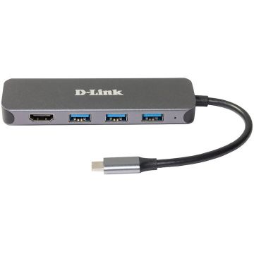 D-Link HUB extern D-Link DUB-2333, Porturi 3x SuperSpeed USB 3.0,1xUSB-C with data sync &amp, PD-60W, 1xHDMI 4k, Dual-Slot SD/microSD/SDHC/SDXC, Argintiu DUB-2333