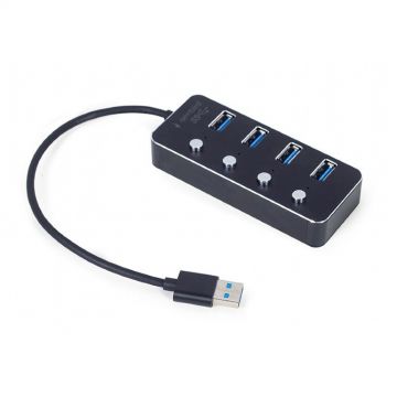 GEMBIRD HUB extern GEMBIRD, porturi USB: USB 3.1 x 4, conectare prin USB, cu on/off, cablu 0,24 m, negru