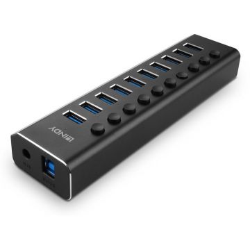 Lindy Hub USB Lindy 10 Port USB 3.0 Hub cu butoane On/Off, Negru-Argintiu