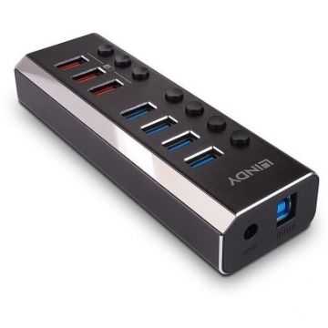 Lindy Hub USB LINDY 43371, 4 porturi USB 3.0 + 3 porturi USB Quick Charge 3.0, Negru-Argintiu
