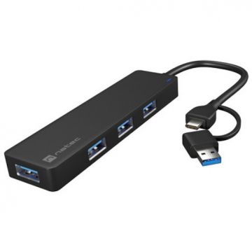 natec HUB, USB-C 3.0, NATEC, 4-Porturi, Negru+ ADAPTOR USB-A