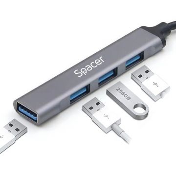 spacer HUB extern SPACER SPHB-TYPEC-4U-01, Porturi USB:USB 3.0 x 1, USB 2.0 x 3, Conectare prin USB Type-C, Cablu 1m, Aluminiu, SPHB-TYPEC-4U-01