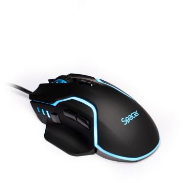 spacer Mouse SPGM-ALIEN-RACE Spacer, gaming, cu fir, USB, optic, 12.000 dpi, butoane/scroll 8/1, iluminare RGB, Negru