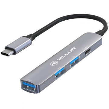 Tellur Hub Tellur TLL321051 USB-C 4 in 1, 2 porturi USB 2.0, 1 port USB-C, 1 port USB 3.0, aluminiu, Gri