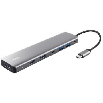 Trust Adaptor Trust Dalyx 7-in-1, 2 porturi interfata USB-A 3.2 gen 1, 1 port USB-C, 2 porturi HDMI, 1 display port, 1 charging port USB-C 100W, led indicator oprit/pornit, lungime cablu 16cm, Gri