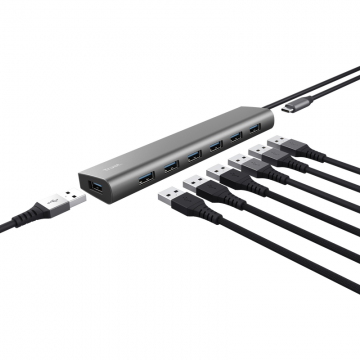 Trust Hub extern Trust Halyx, Conectare prin USB 3.2, Porturi 7xUSB 3.2 Gen1, Gri TR-24967