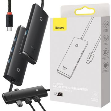 BASEUS HUB extern Baseus Lite, porturi USB: USB 3.0 x 4, conectare prin USB Type-C, lungime 1m, negru, WKQX030401