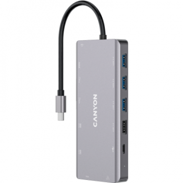 Canyon Docking Station Canyon CNS-TDS12 13 in 1, 2*HDMI, 3*USB3.0, 1*USB2.0, 1*PD 100W, 1*VGA, 1* USB Type C, 1*Glgabit Ethernet, 1*Jack 3.5mm audio (Gri)