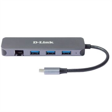 D-Link Hub USB D-Link 5-IN-1  DUB-2334, USB Type C, cablu 10 cm, metalic, Gri