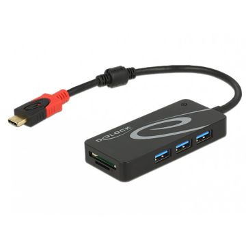 Delock HUB USB 3.1 tip C la 3 x USB-A + 2 Slot Card SD Negru, Delock 62900