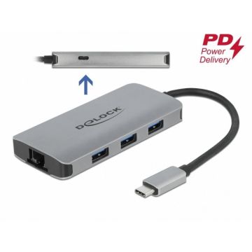 Delock HUB USB 3.2 Gen 1-C la 3 x USB-A + Gigabit LAN + alimentare PD, Delock 63252