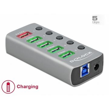 Delock HUB USB 3.2 Gen 1 cu 4 porturi + 1 Fast Charging cu iluminare + switch ON/Off, Delock 63262