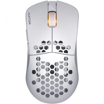 HATOR Mouse gaming wireless Hator Stellar Pro, 26K DPI, polling rate pana la 1000H, capacitate baterie 300mAh, durata deviata baterie in modul wireless pana la 18H (iluminare pornita), pana la 42 de ore (iluminare oprita), Alb