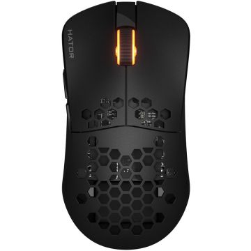 HATOR Mouse gaming wireless Hator Stellar Pro, 26K DPI, polling rate pana la 1000H, capacitate baterie 300mAh, durata deviata baterie in modul wireless pana la 18H (iluminare pornita), pana la 42 de ore (iluminare oprita), Negru