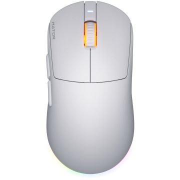HATOR Mouse wireless Hator Quasar 3, 12K DPI, conectivitate 2.4GHz, bluetooth si USB, switch HATOR Optical 100M, side switch Huano 3M, iluminare RGB 16.8M, Alb