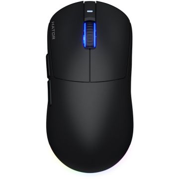 HATOR Mouse wireless Hator Quasar 3, 12K DPI, conectivitate 2.4GHz, bluetooth si USB, switch HATOR Optical 100M, side switch Huano 3M, iluminare RGB 16.8M, Negru
