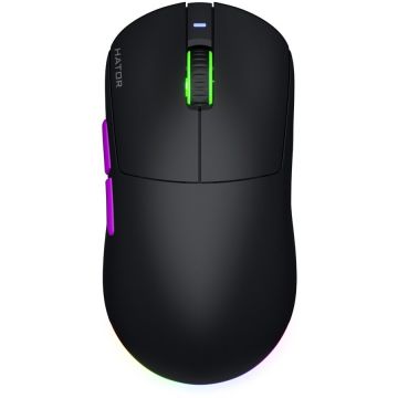 HATOR Mouse wireless Hator Quasar 3 Ultra 8K, 30K DPI, conectivitate 2.4GHz, bluetooth 5.4 si USB, switch HATOR Optical 100M, side switch Huano 5M, Negru