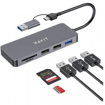 HAVIT Hub USB-C multiplu 5 in 1 HAVIT HV-H41, 3 USB A, 2 SD card slot, 110 x 40 x 12 mm, Viteza transfer date 5 Gbps, Gri Argintiu