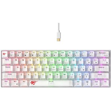 HAVIT Tastatura gaming mecanica HAVIT KB903L, 61 taste, full anti-ghosting, US Layout, switch-uri Red, Conectare type C, Alb Transparent