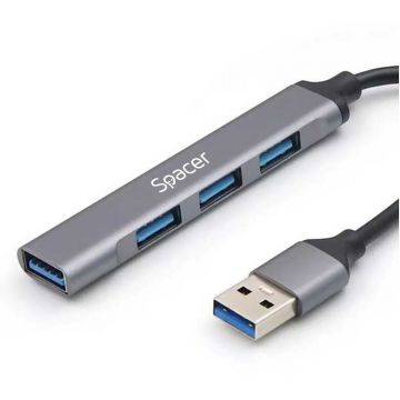 spacer HUB extern SPACER 4 porturi, USB-A, SPHB-USB-4U-01, lungime cablu 1 m, Gri