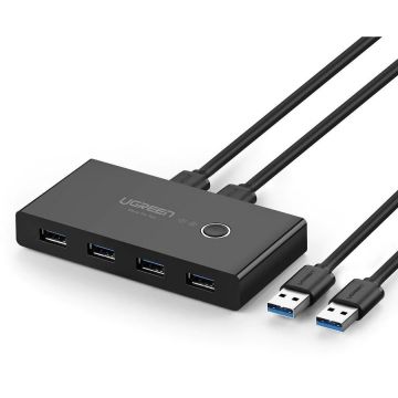 Ugreen HUB extern Ugreen, US216 porturi USB: USB 3.0 x 4, conectare prin 2 x USB, partajare date 2 pc-uri simultan,buton comutare PC,lungime 1.5 m,LED, negru 30768