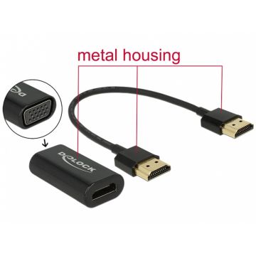 Adaptor HDMI la VGA T-M carcasa metalica + cablu HDMI 15cm, Delock 65667