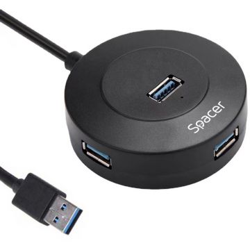 spacer Hub extern Spacer, porturi USB:USB 3.0 X 1, USB 2.0 x 3, conectare prin USB 3.0, cablu 1m, Plastic ABS, Negru