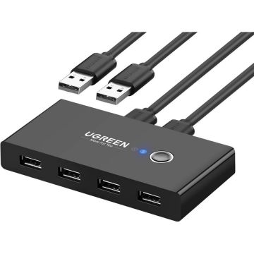 Ugreen HUB extern Ugreen, US216 porturi USB: USB 2.0 x 4,conectare prin 2 x USB,partajare date 2 pc-uri simultan,buton comutare PC, lungime 1.5 m, LED, negru 30767 (timbru verde 0.8 lei) - 6957303837670
