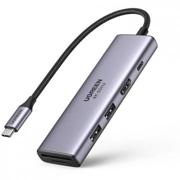 Ugreen Hub Ugreen 6 in 1 USB-C la 2x USB-A, HDMI, SD/TF, 4K 60Hz, 100W PD, Gri